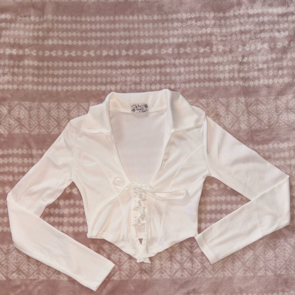 White Long Sleeve Crop Blouse with Tie Front